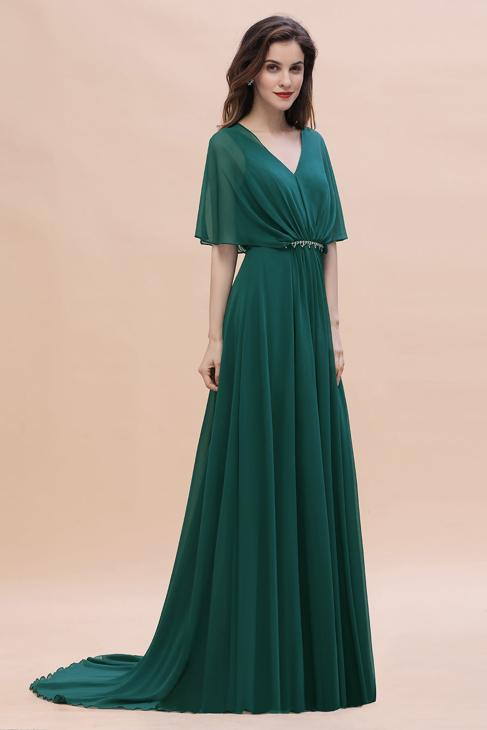 Charming V-neck Short Sleeve A-line Chiffon Bridesmaid Dress With Crystal Embellishment