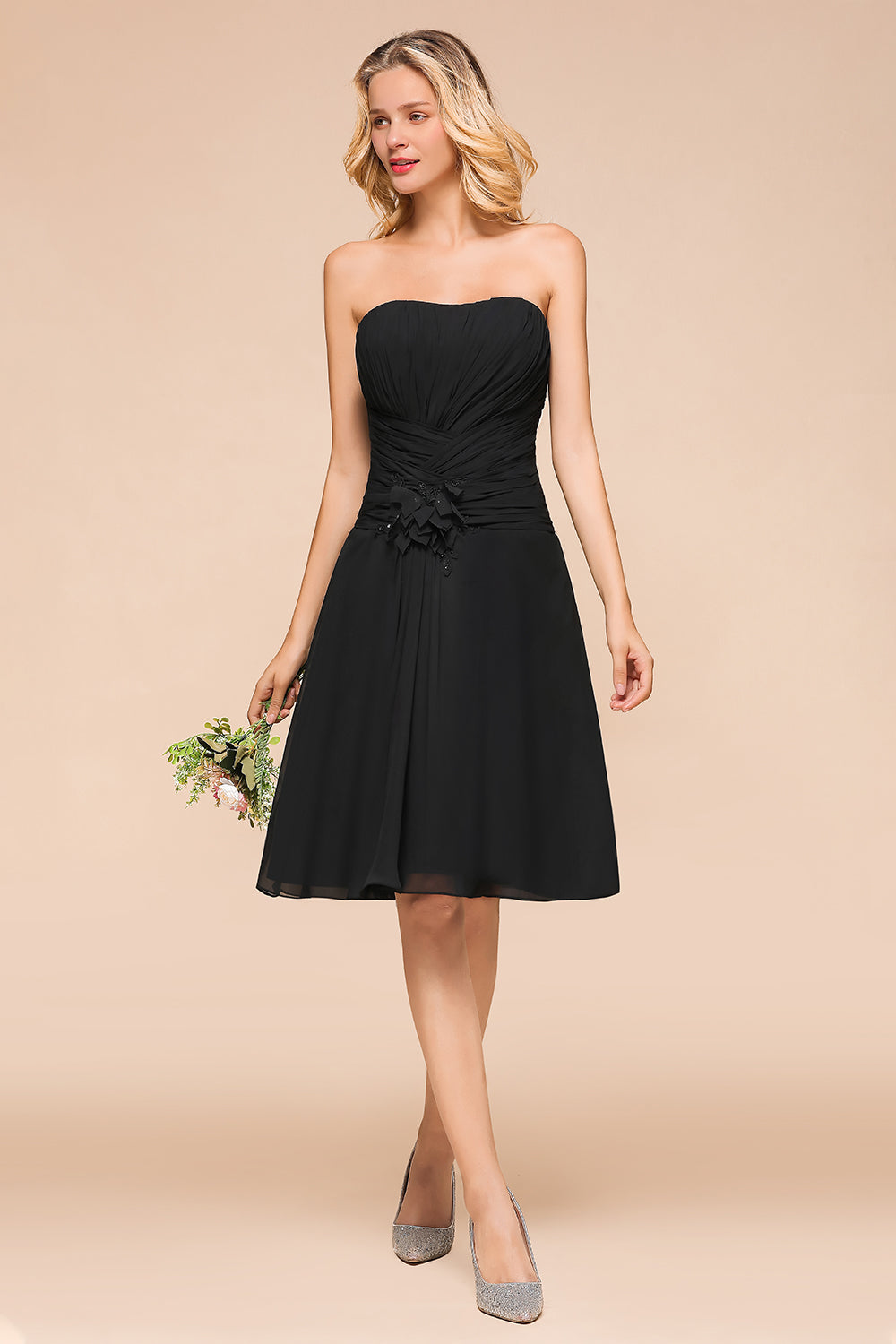 Chic Black Chiffon Strapless Backless Knee-length A-Line Bridesmaid Dress