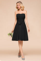 Chic Black Chiffon Strapless Backless Knee-length A-Line Bridesmaid Dress