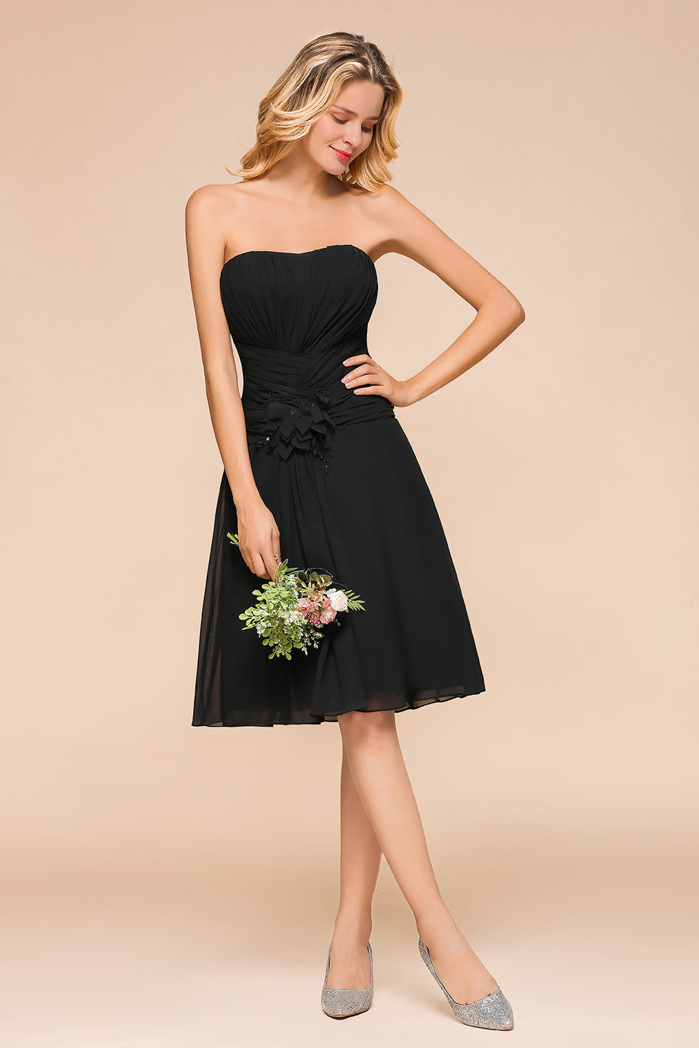 Chic Black Chiffon Strapless Backless Knee-length A-Line Bridesmaid Dress