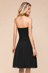 Chic Black Chiffon Strapless Backless Knee-length A-Line Bridesmaid Dress