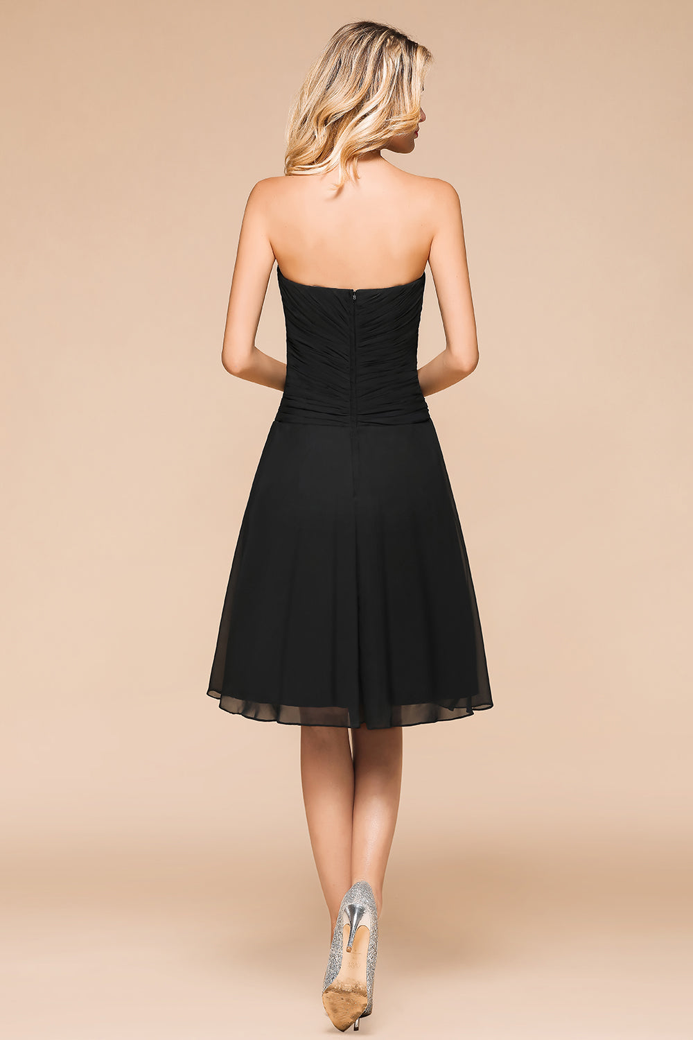 Chic Black Chiffon Strapless Backless Knee-length A-Line Bridesmaid Dress