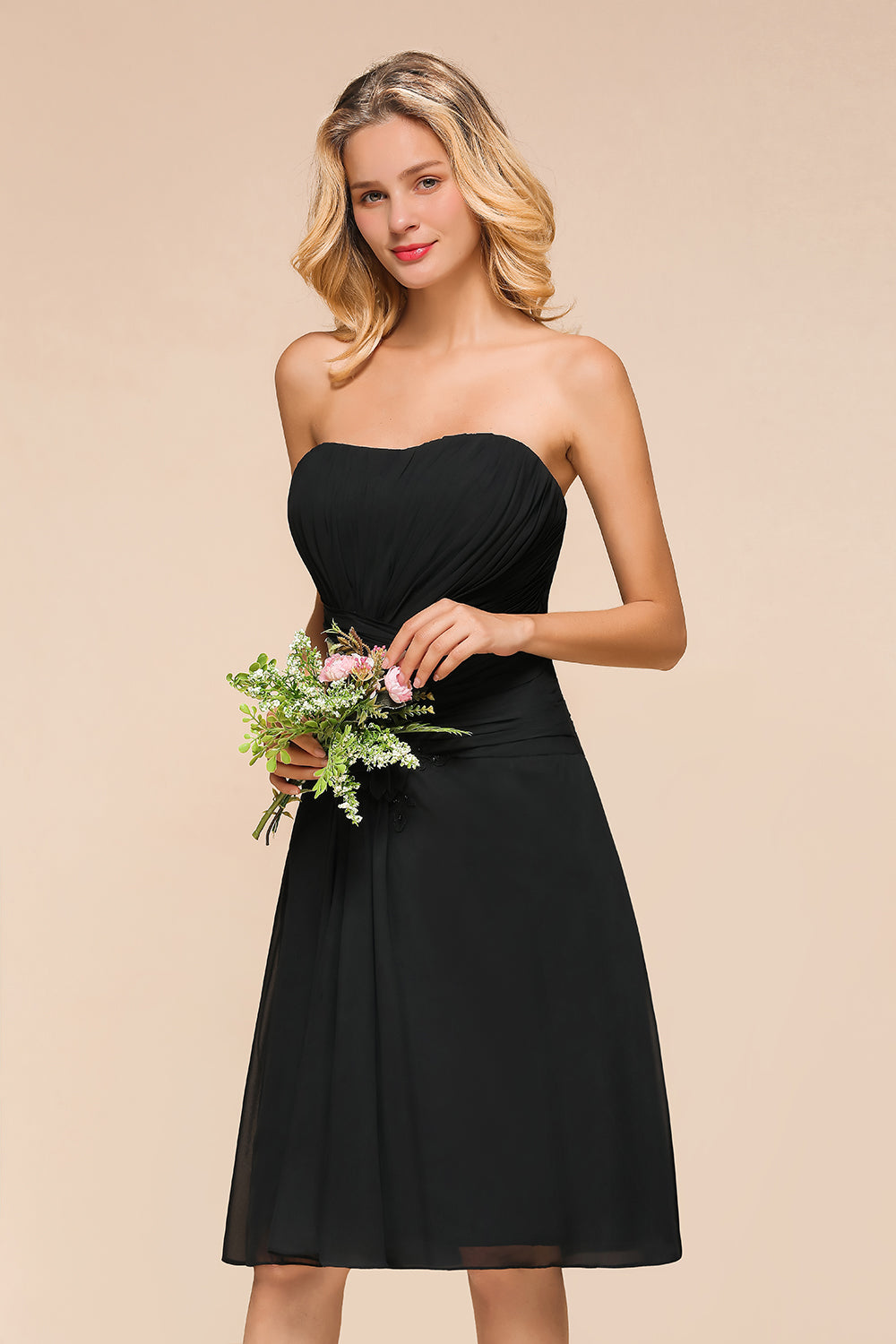 Chic Black Chiffon Strapless Backless Knee-length A-Line Bridesmaid Dress