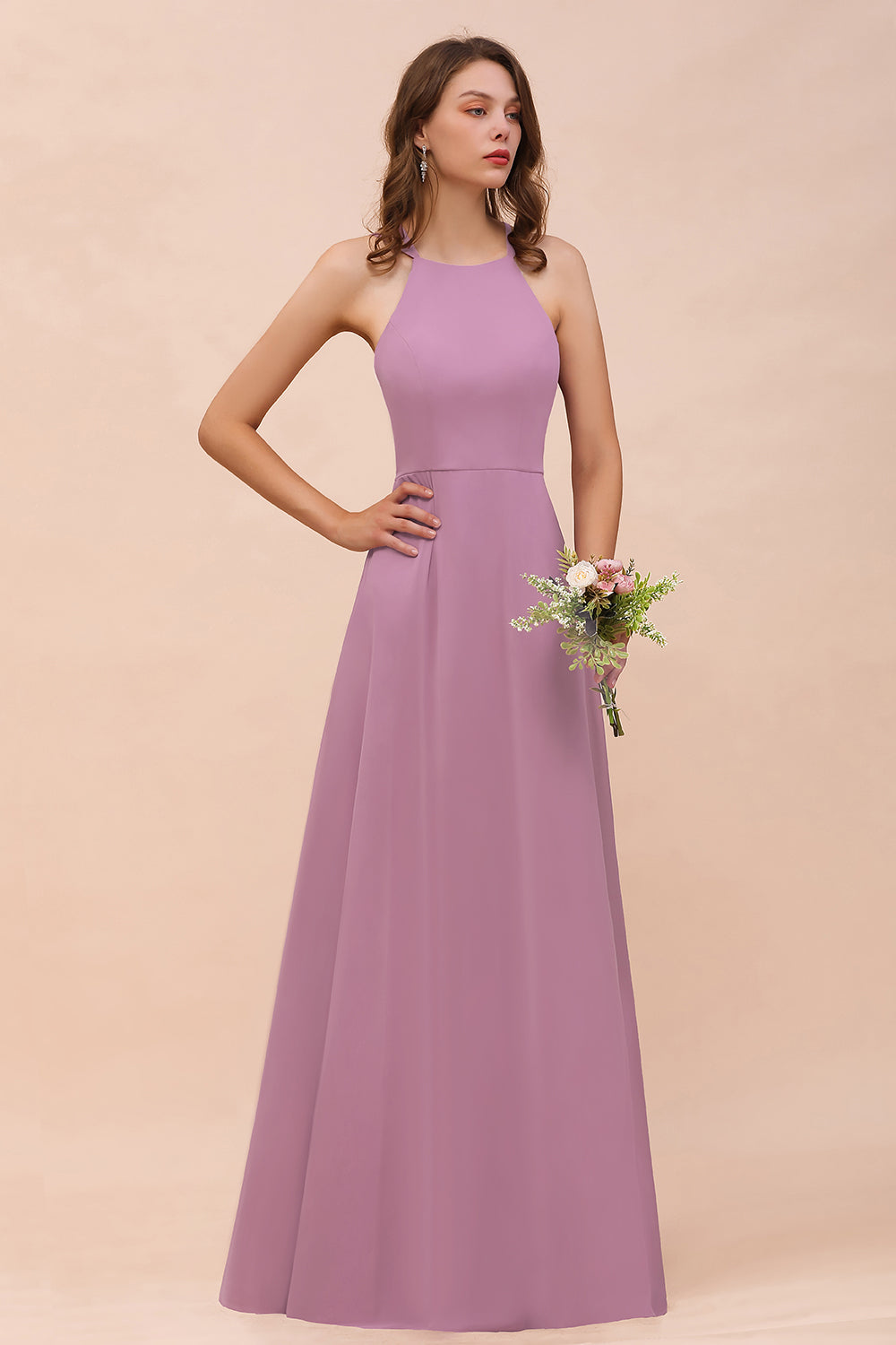 Chic Halter A-Line Chiffon Floor Length Open Back Bridesmaid Dresses