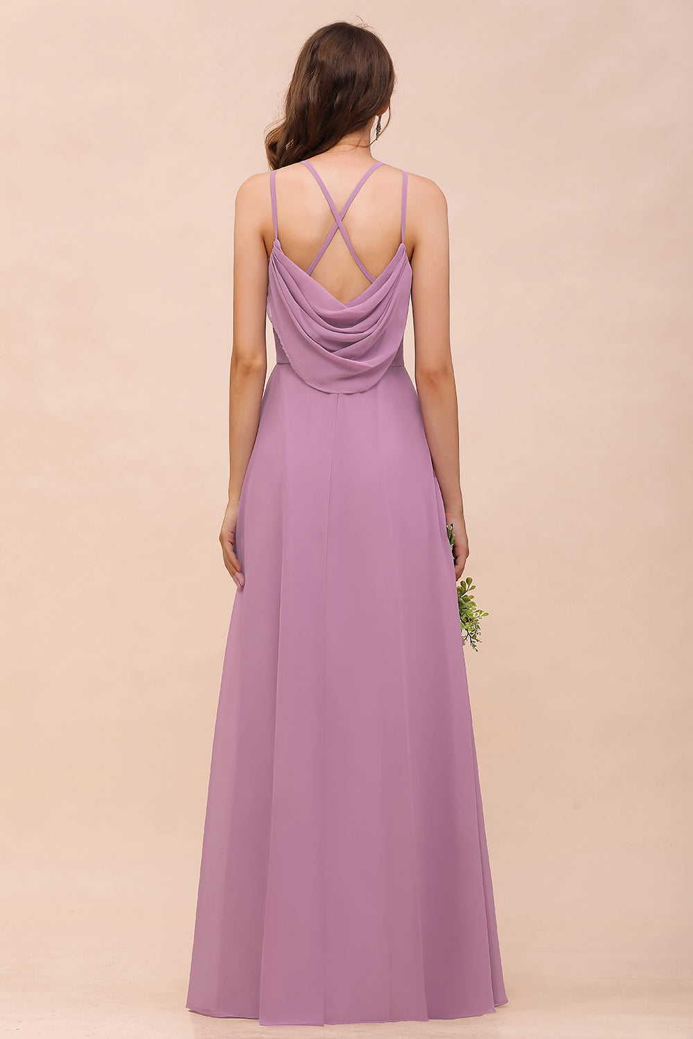 Chic Halter A-Line Chiffon Floor Length Open Back Bridesmaid Dresses