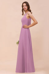 Chic Halter A-Line Chiffon Floor Length Open Back Bridesmaid Dresses