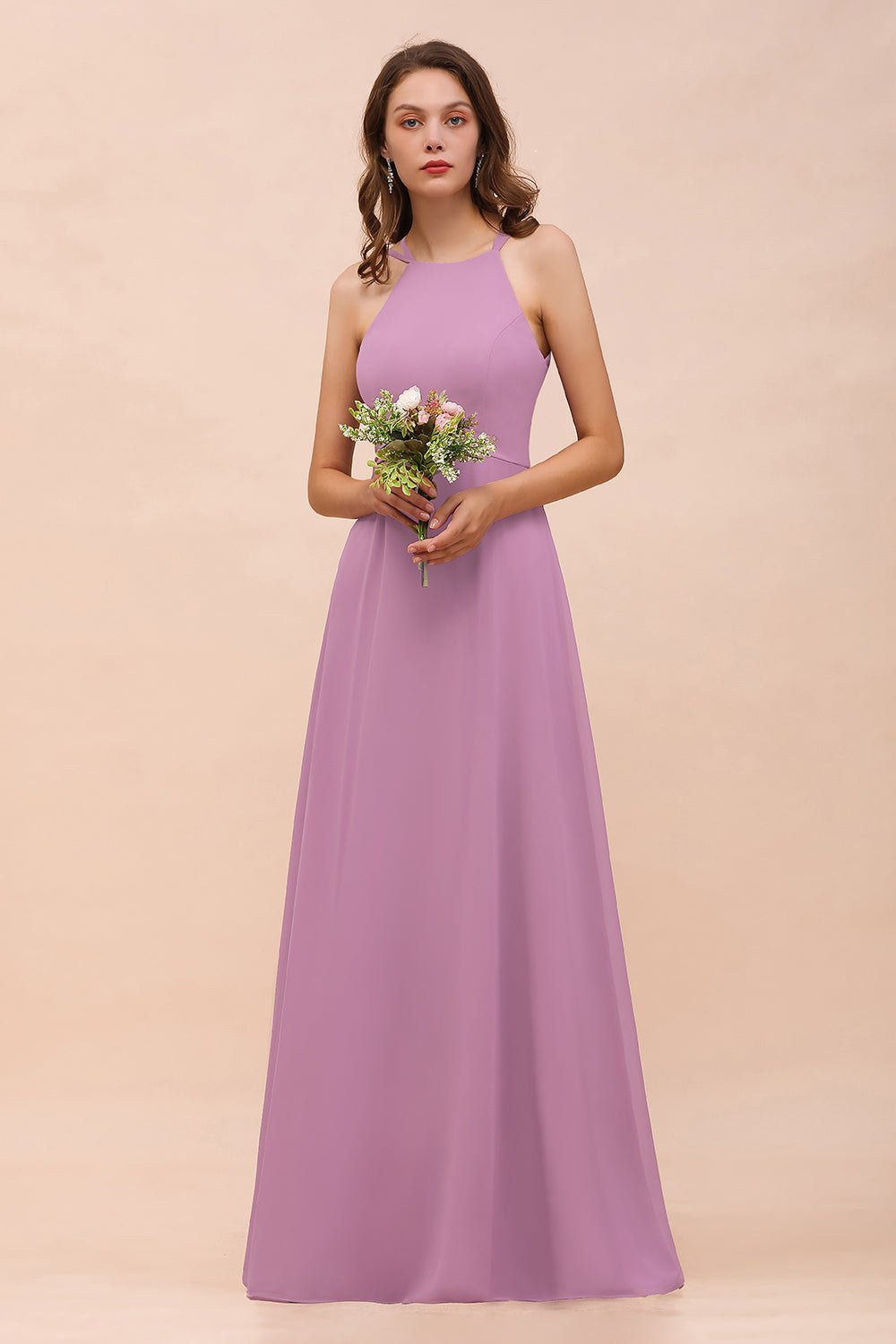 Chic Halter A-Line Chiffon Floor Length Open Back Bridesmaid Dresses