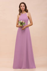 Chic Halter A-Line Chiffon Floor Length Open Back Bridesmaid Dresses
