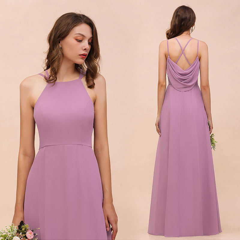 Chic Halter A-Line Chiffon Floor Length Open Back Bridesmaid Dresses