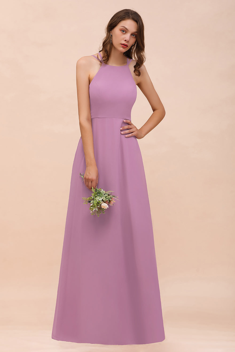Chic Halter A-Line Chiffon Floor Length Open Back Bridesmaid Dresses