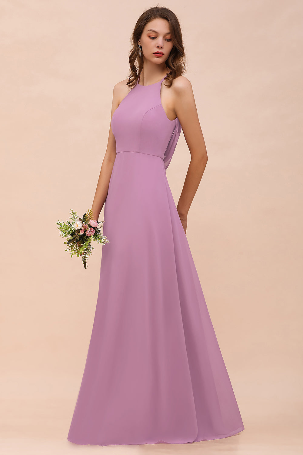 Chic Halter A-Line Chiffon Floor Length Open Back Bridesmaid Dresses