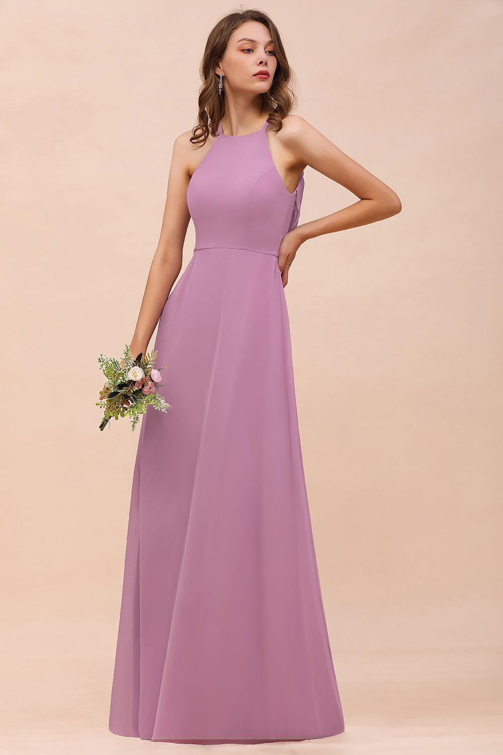 Chic Halter A-Line Chiffon Floor Length Open Back Bridesmaid Dresses