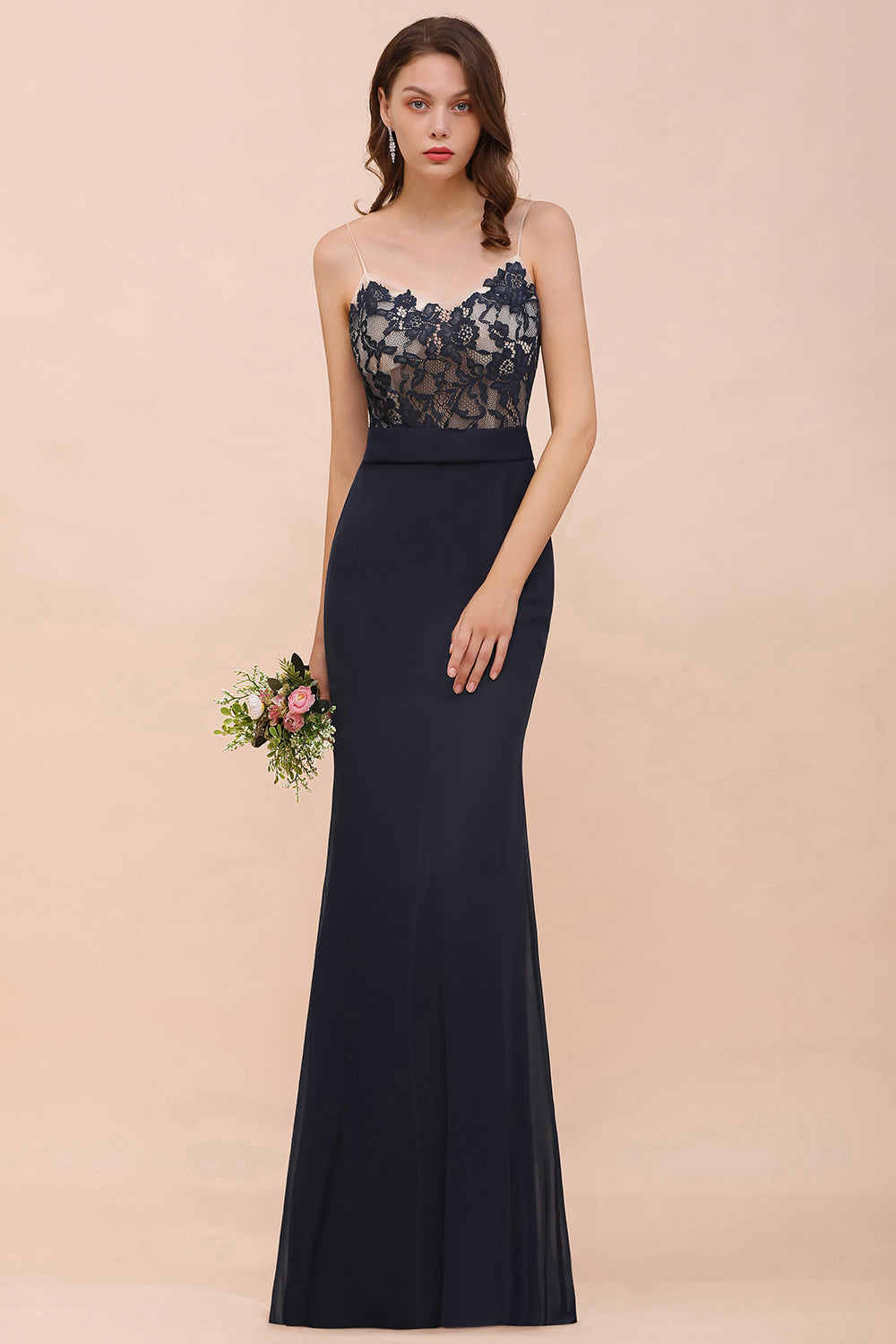 Chic Long Mermaid Spaghetti Straps Chiffon Dark Navy Bridesmaid Dress