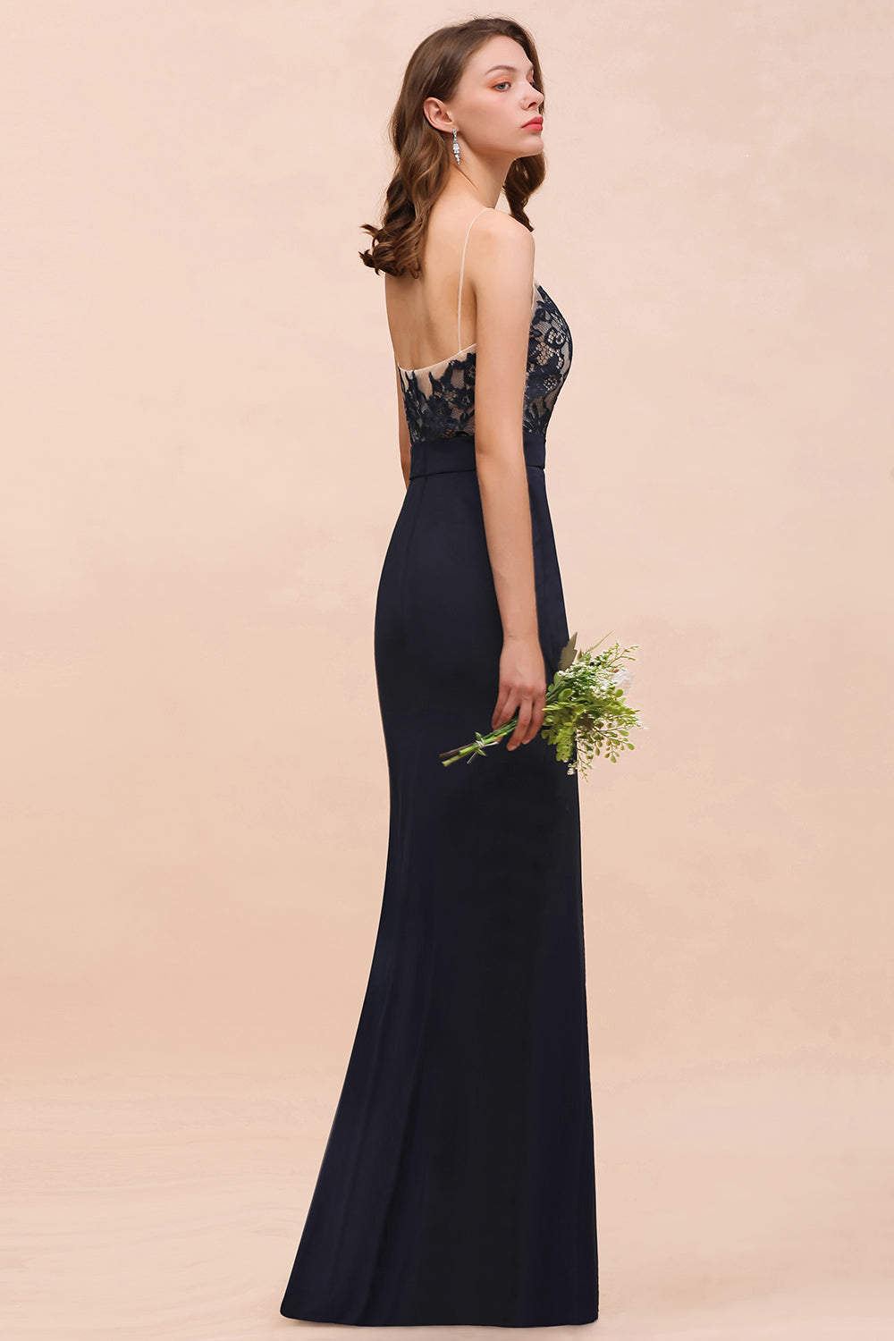 Chic Long Mermaid Spaghetti Straps Chiffon Dark Navy Bridesmaid Dress