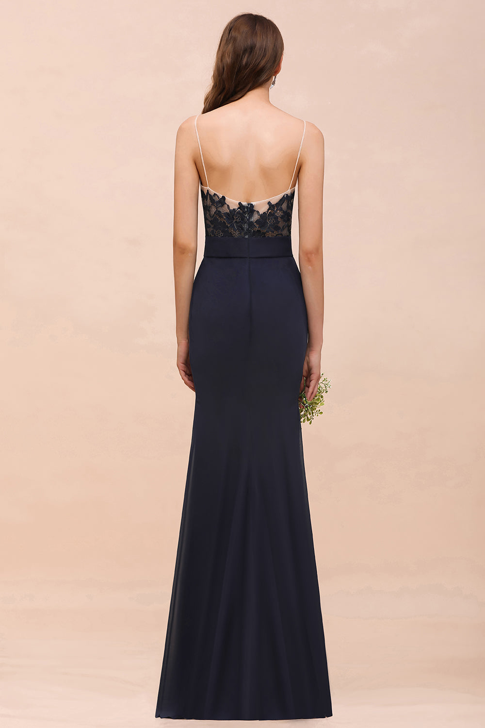 Chic Long Mermaid Spaghetti Straps Chiffon Dark Navy Bridesmaid Dress