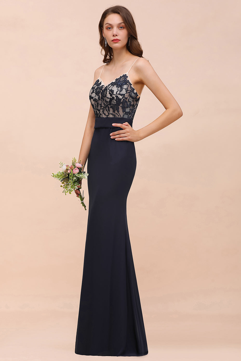 Chic Long Mermaid Spaghetti Straps Chiffon Dark Navy Bridesmaid Dress