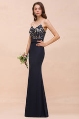 Chic Long Mermaid Spaghetti Straps Chiffon Dark Navy Bridesmaid Dress