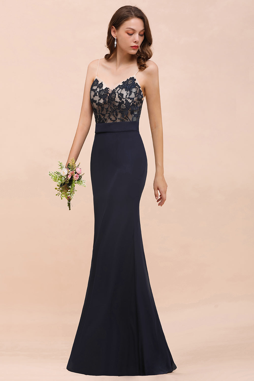 Chic Long Mermaid Spaghetti Straps Chiffon Dark Navy Bridesmaid Dress