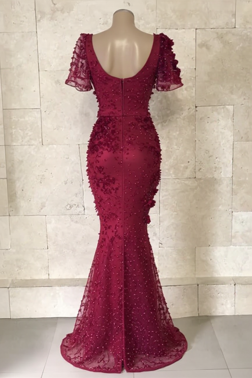 Chic Long Mermaid V-neck Burgundy Formal Evening Dresses with Sleeves