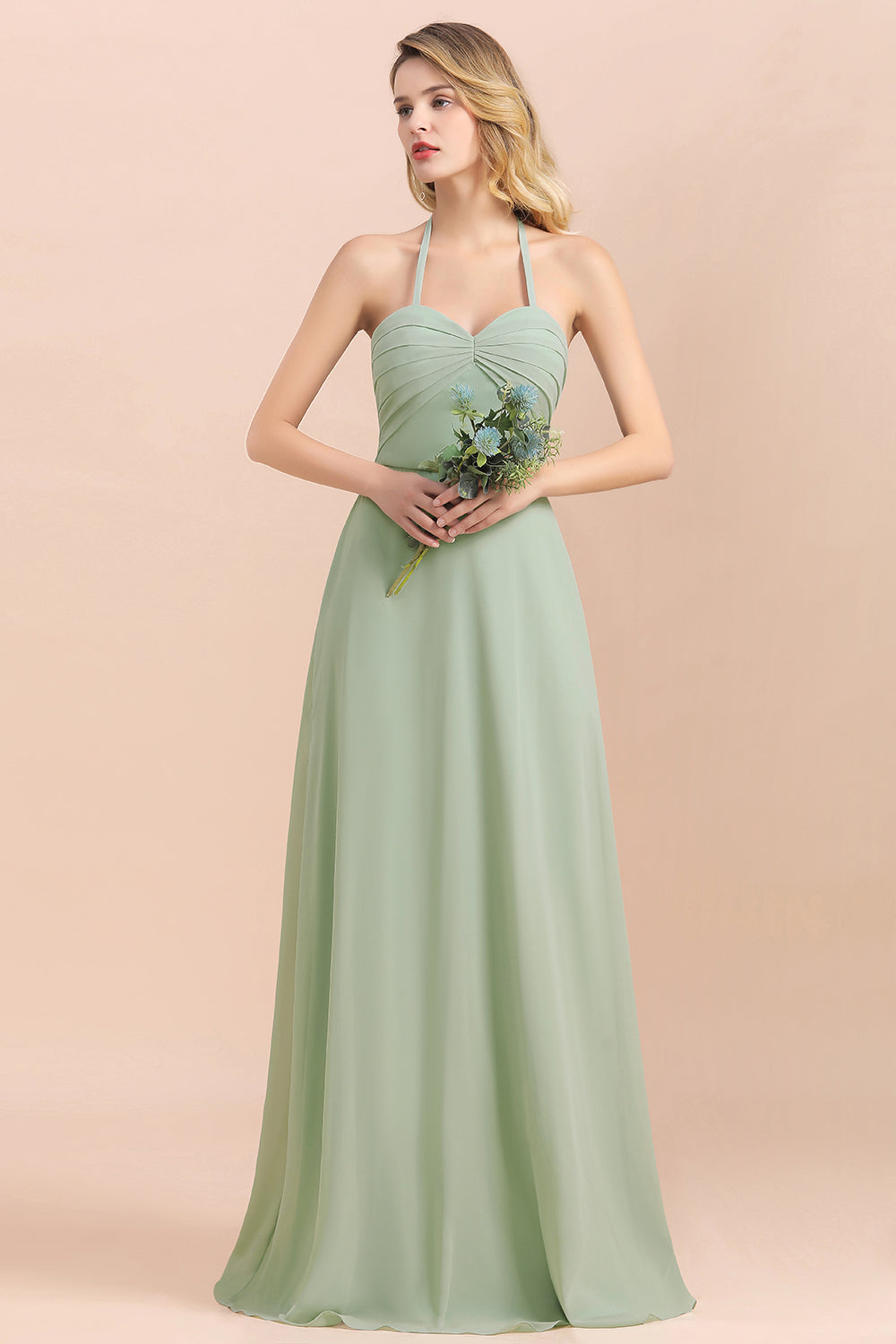 Chic Sage A-Line Halter Bridesmaid Dress Sweetheart Chiffon Wedding Guest Dress