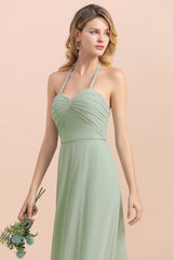Chic Sage A-Line Halter Bridesmaid Dress Sweetheart Chiffon Wedding Guest Dress