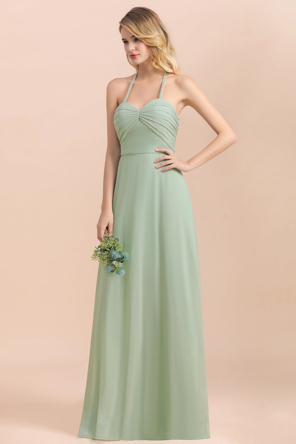 Chic Sage A-Line Halter Bridesmaid Dress Sweetheart Chiffon Wedding Guest Dress