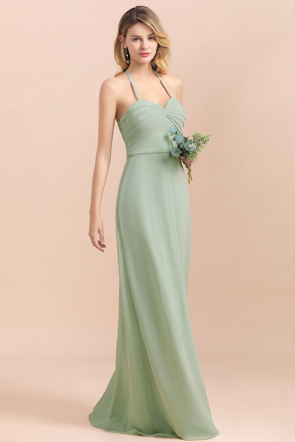Chic Sage A-Line Halter Bridesmaid Dress Sweetheart Chiffon Wedding Guest Dress