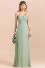 Chic Sage A-Line Halter Bridesmaid Dress Sweetheart Chiffon Wedding Guest Dress