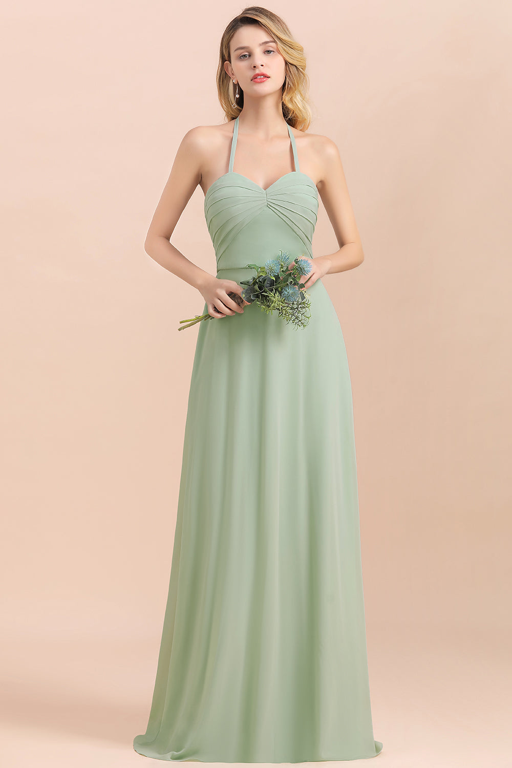 Chic Sage A-Line Halter Bridesmaid Dress Sweetheart Chiffon Wedding Guest Dress