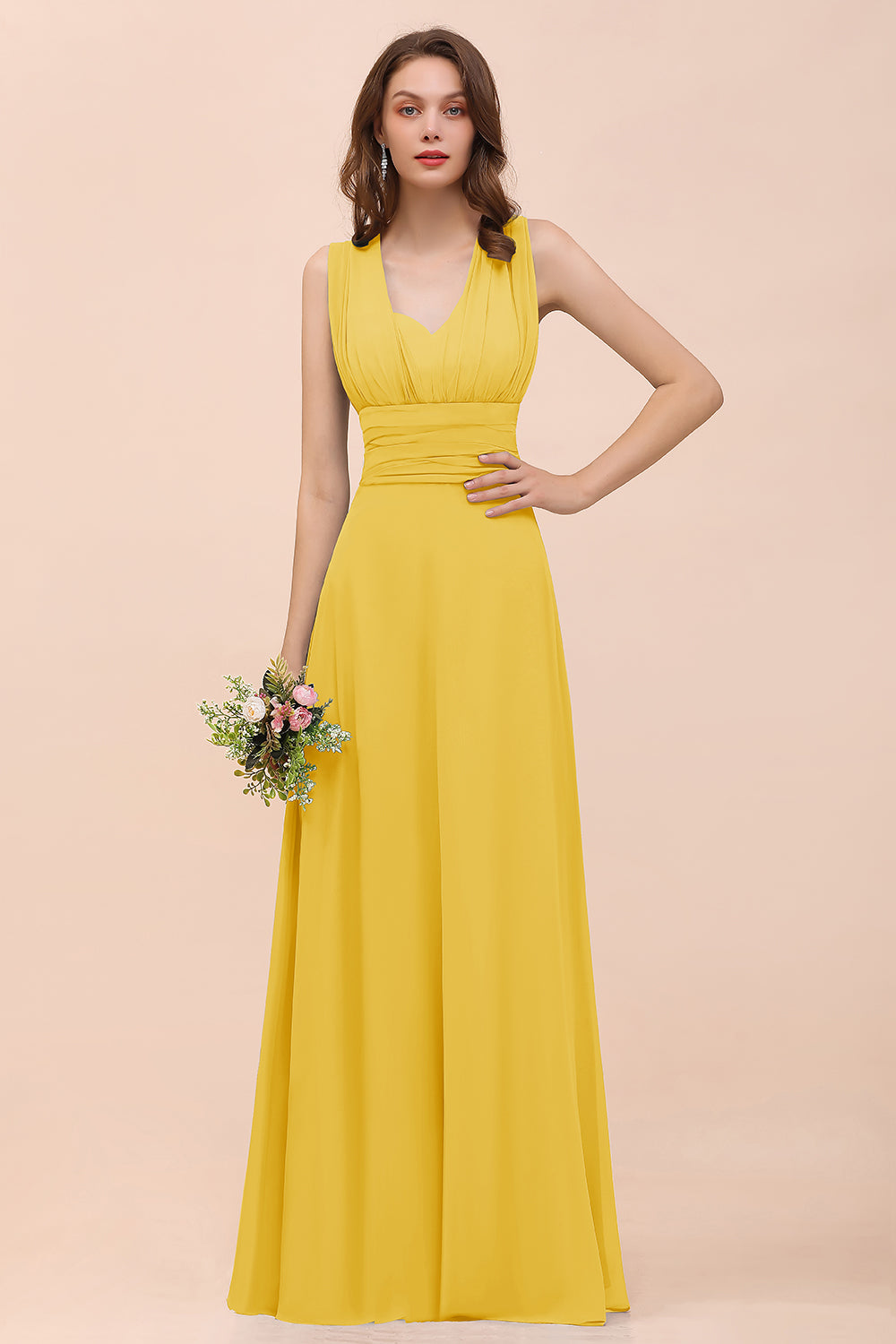 Classy A-Line Wide Straps Floor Length Chiffon Bridesmaid Dresses With Ruched