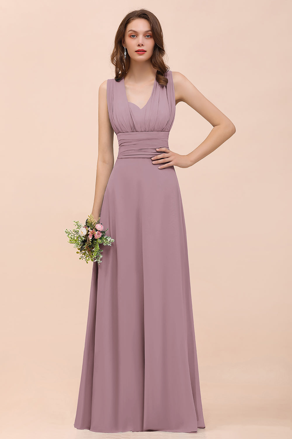 Classy A-Line Wide Straps Floor Length Chiffon Bridesmaid Dresses With Ruched