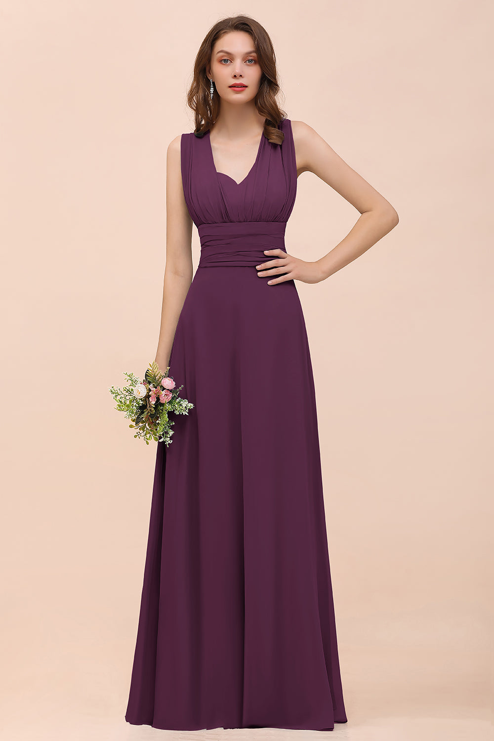 Classy A-Line Wide Straps Floor Length Chiffon Bridesmaid Dresses With Ruched