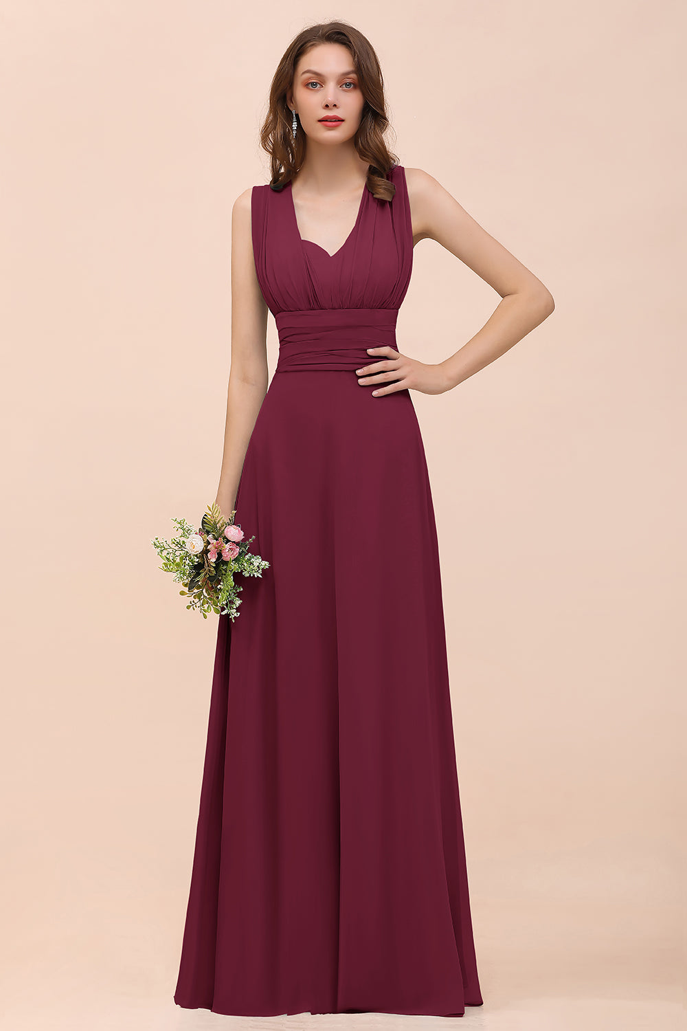 Classy A-Line Wide Straps Floor Length Chiffon Bridesmaid Dresses With Ruched