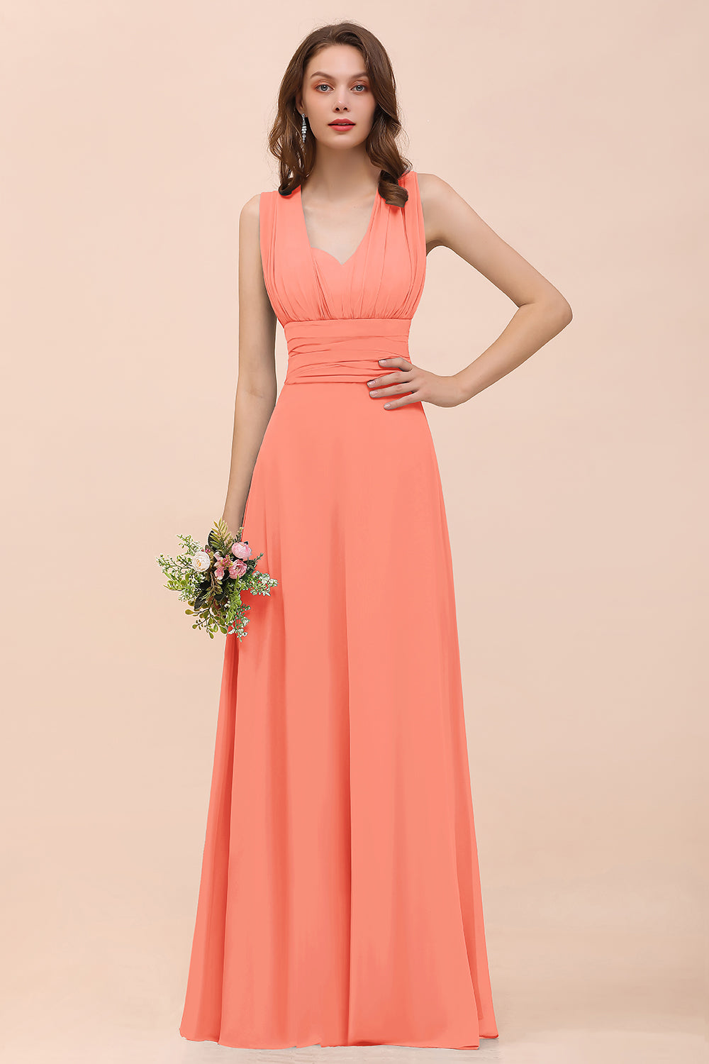 Classy A-Line Wide Straps Floor Length Chiffon Bridesmaid Dresses With Ruched