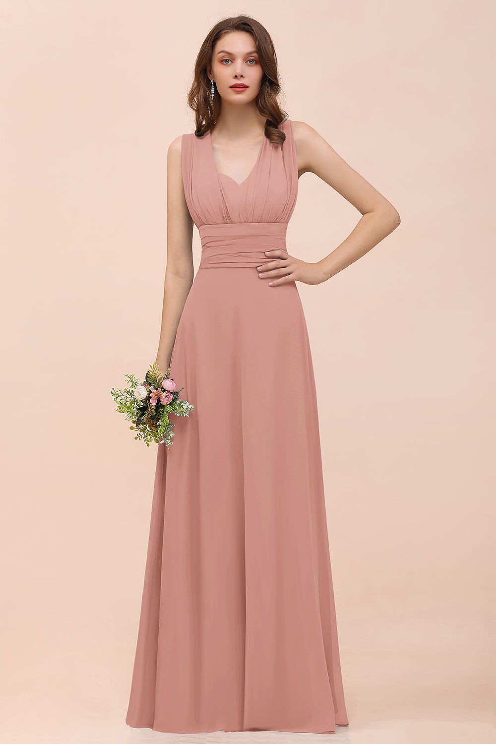 Classy A-Line Wide Straps Floor Length Chiffon Bridesmaid Dresses With Ruched