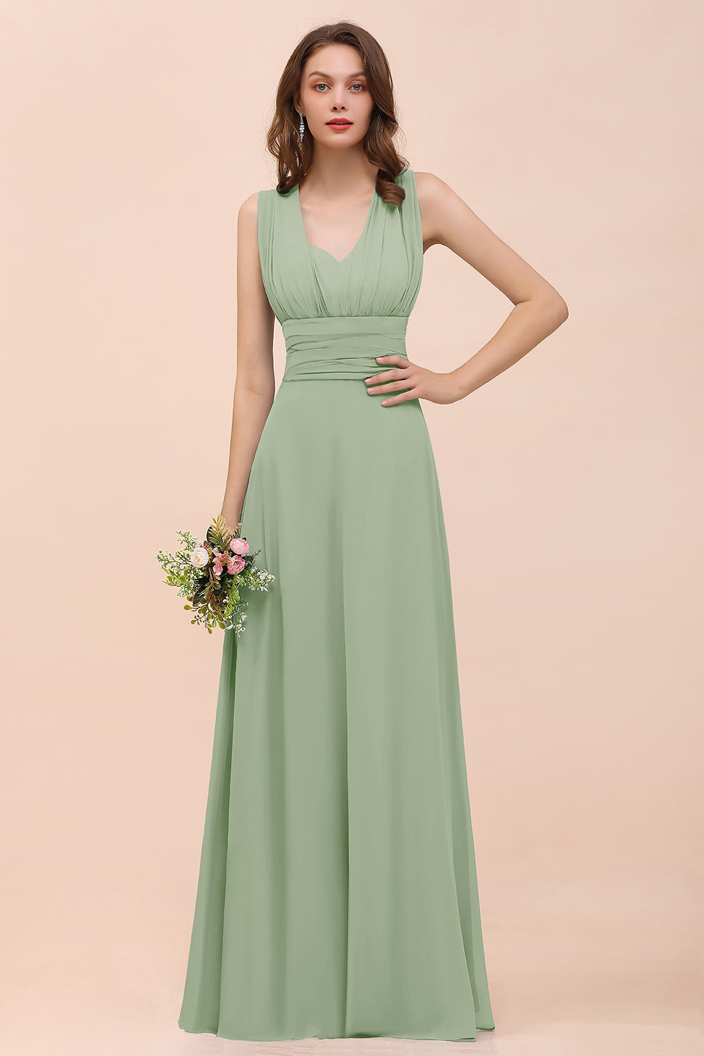 Classy A-Line Wide Straps Floor Length Chiffon Bridesmaid Dresses With Ruched