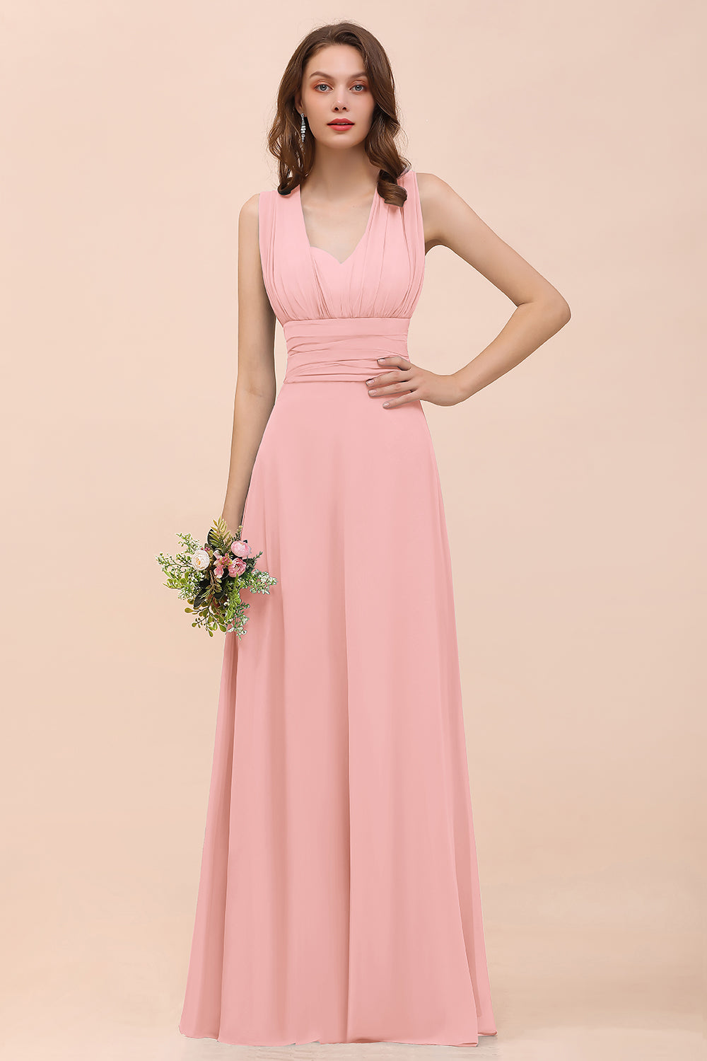 Classy A-Line Wide Straps Floor Length Chiffon Bridesmaid Dresses With Ruched