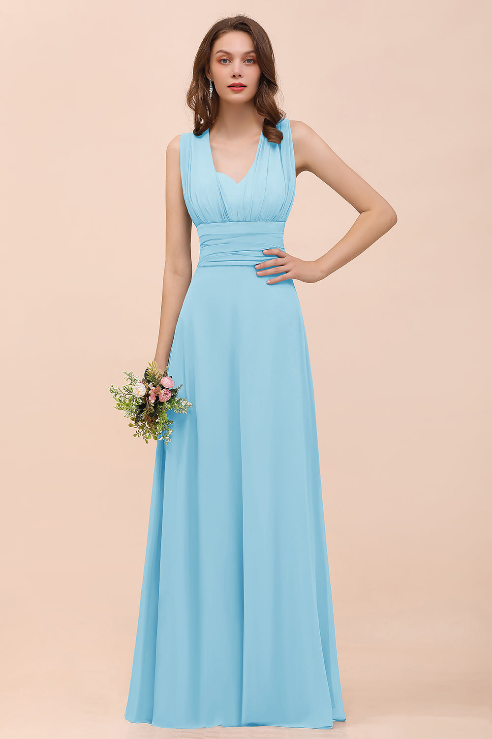 Classy A-Line Wide Straps Floor Length Chiffon Bridesmaid Dresses With Ruched