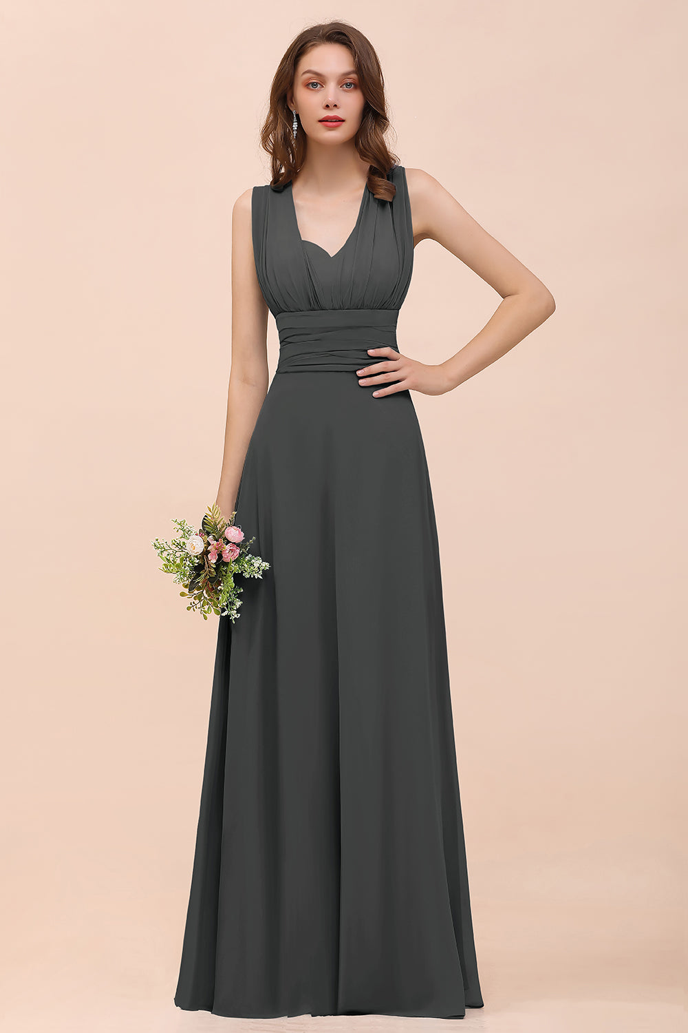 Classy A-Line Wide Straps Floor Length Chiffon Bridesmaid Dresses With Ruched