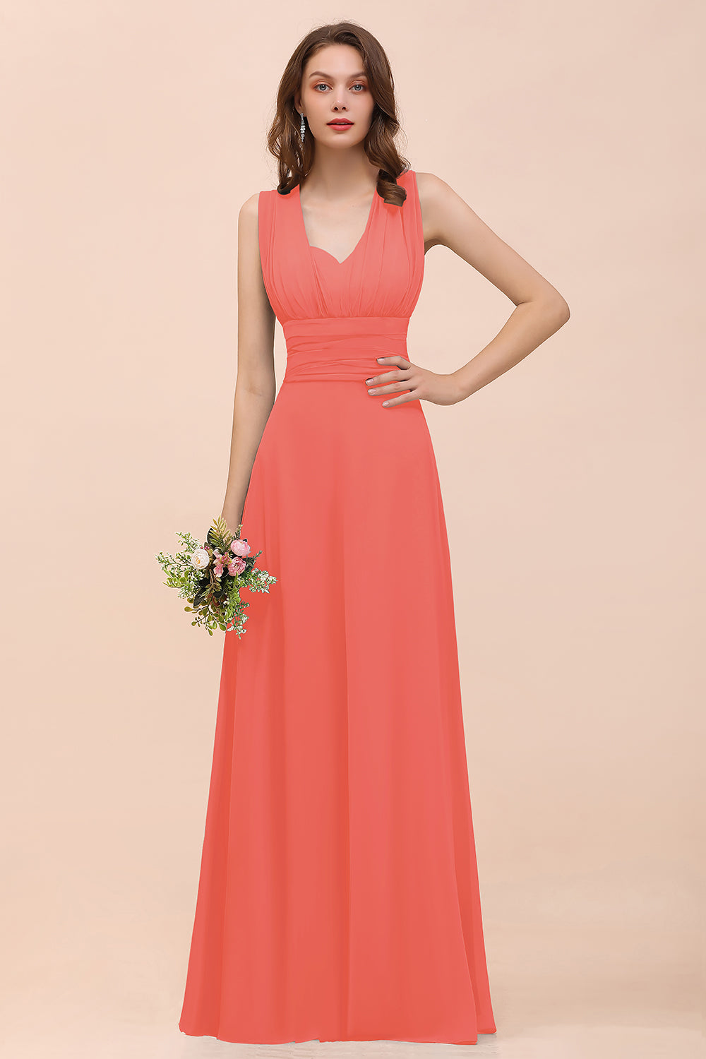 Classy A-Line Wide Straps Floor Length Chiffon Bridesmaid Dresses With Ruched
