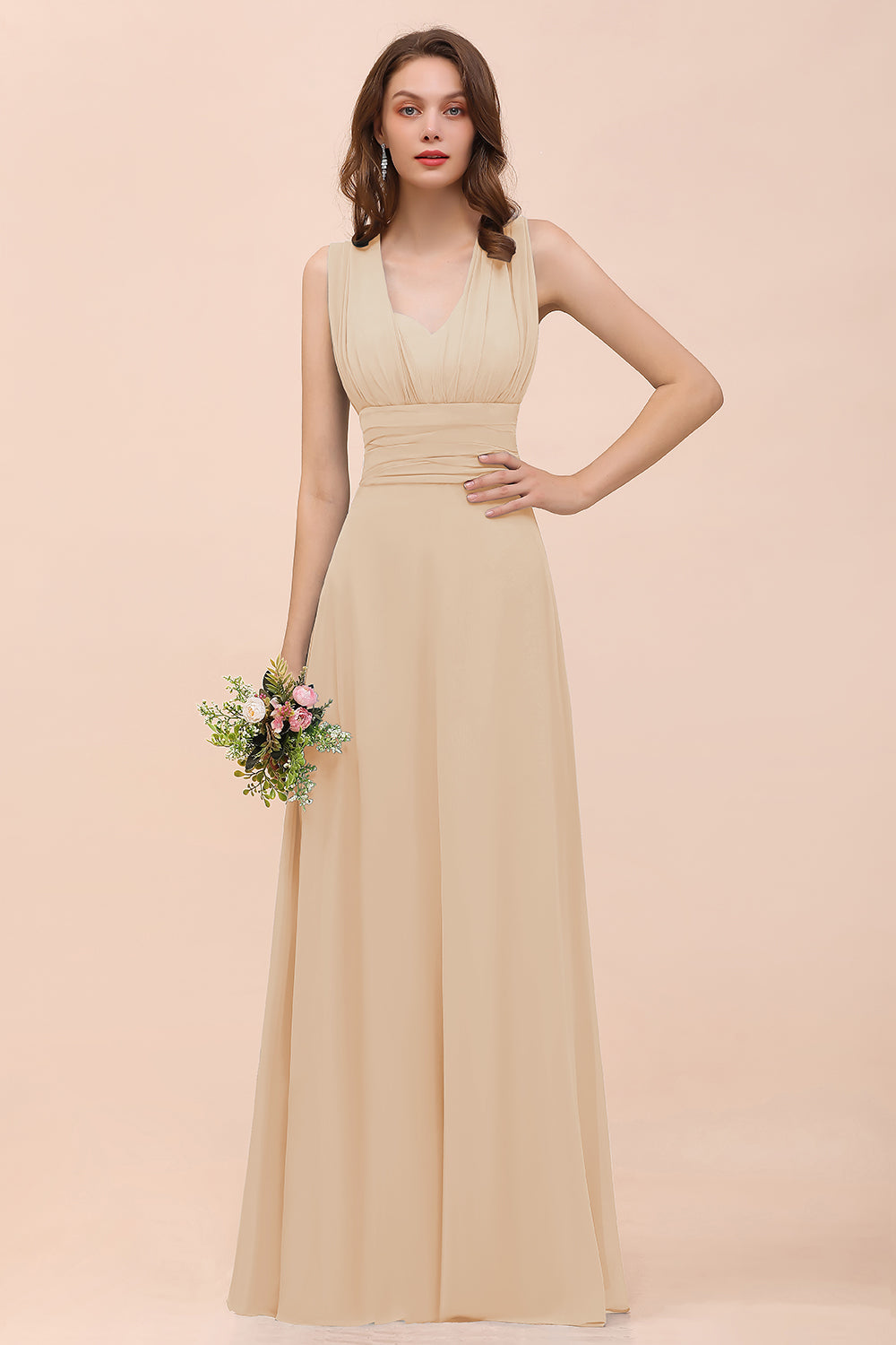 Classy A-Line Wide Straps Floor Length Chiffon Bridesmaid Dresses With Ruched