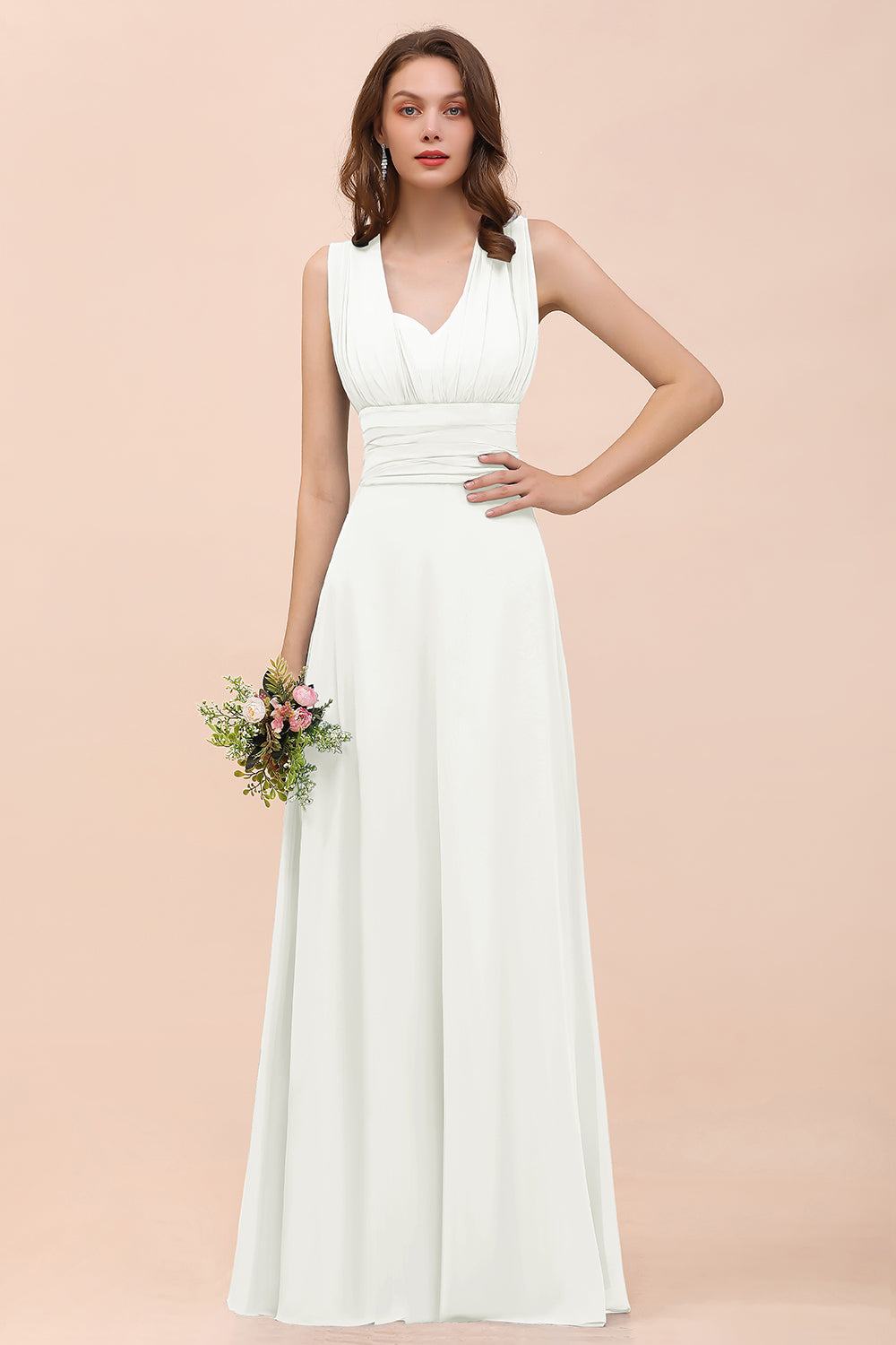 Classy A-Line Wide Straps Floor Length Chiffon Bridesmaid Dresses With Ruched