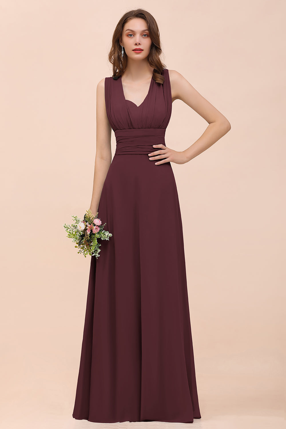 Classy A-Line Wide Straps Floor Length Chiffon Bridesmaid Dresses With Ruched