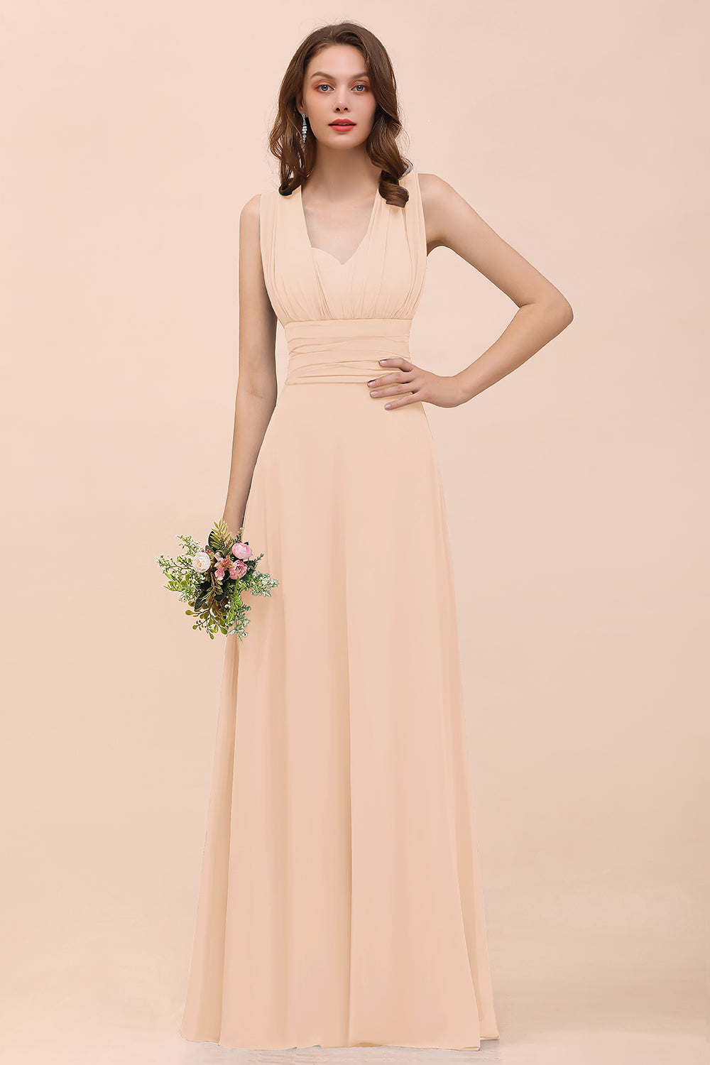 Classy A-Line Wide Straps Floor Length Chiffon Bridesmaid Dresses With Ruched