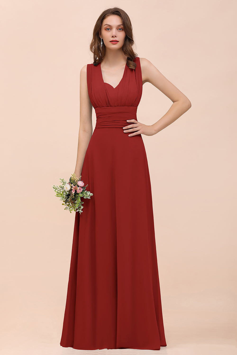 Classy A-Line Wide Straps Floor Length Chiffon Bridesmaid Dresses With Ruched