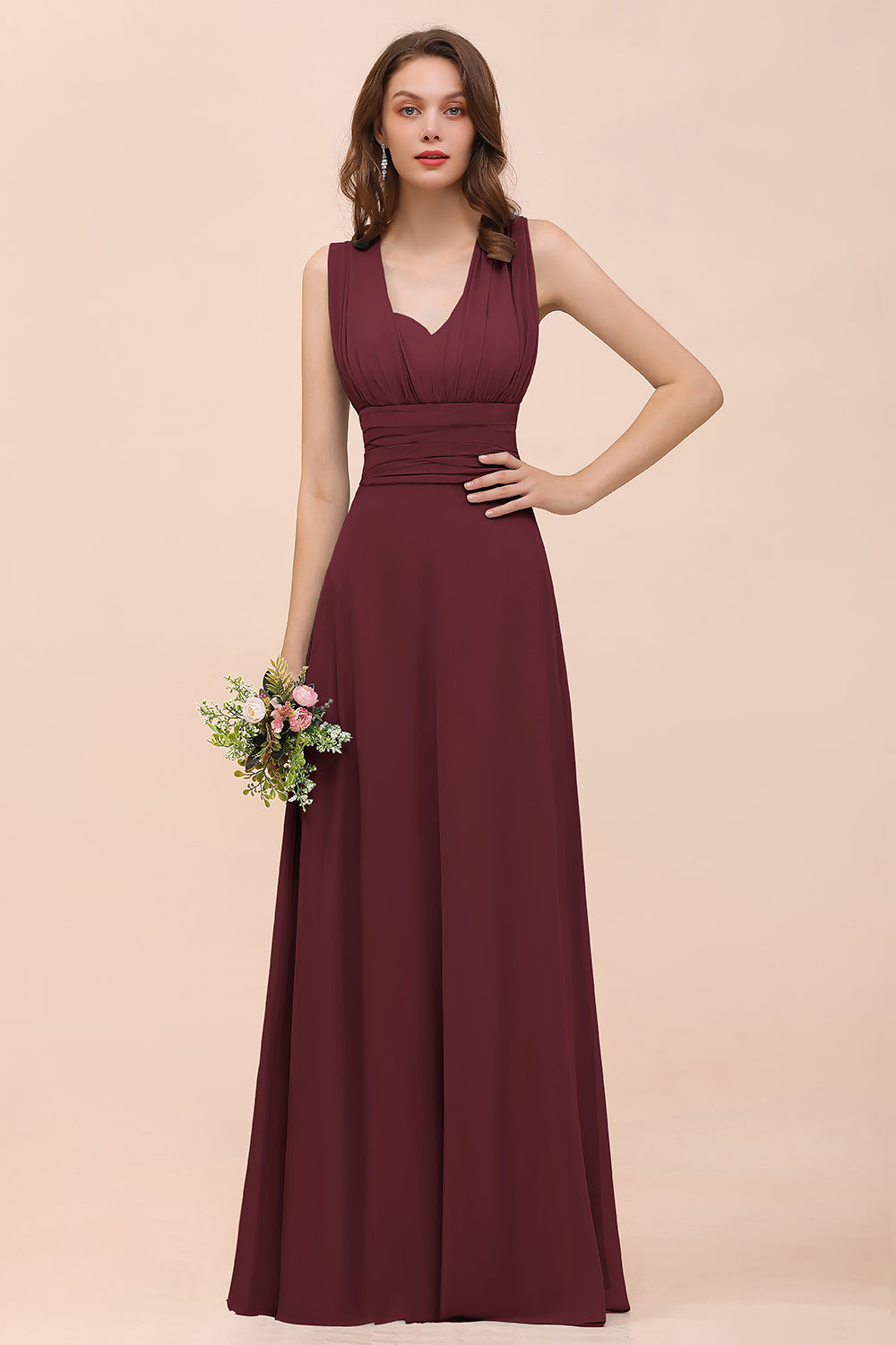 Classy A-Line Wide Straps Floor Length Chiffon Bridesmaid Dresses With Ruched