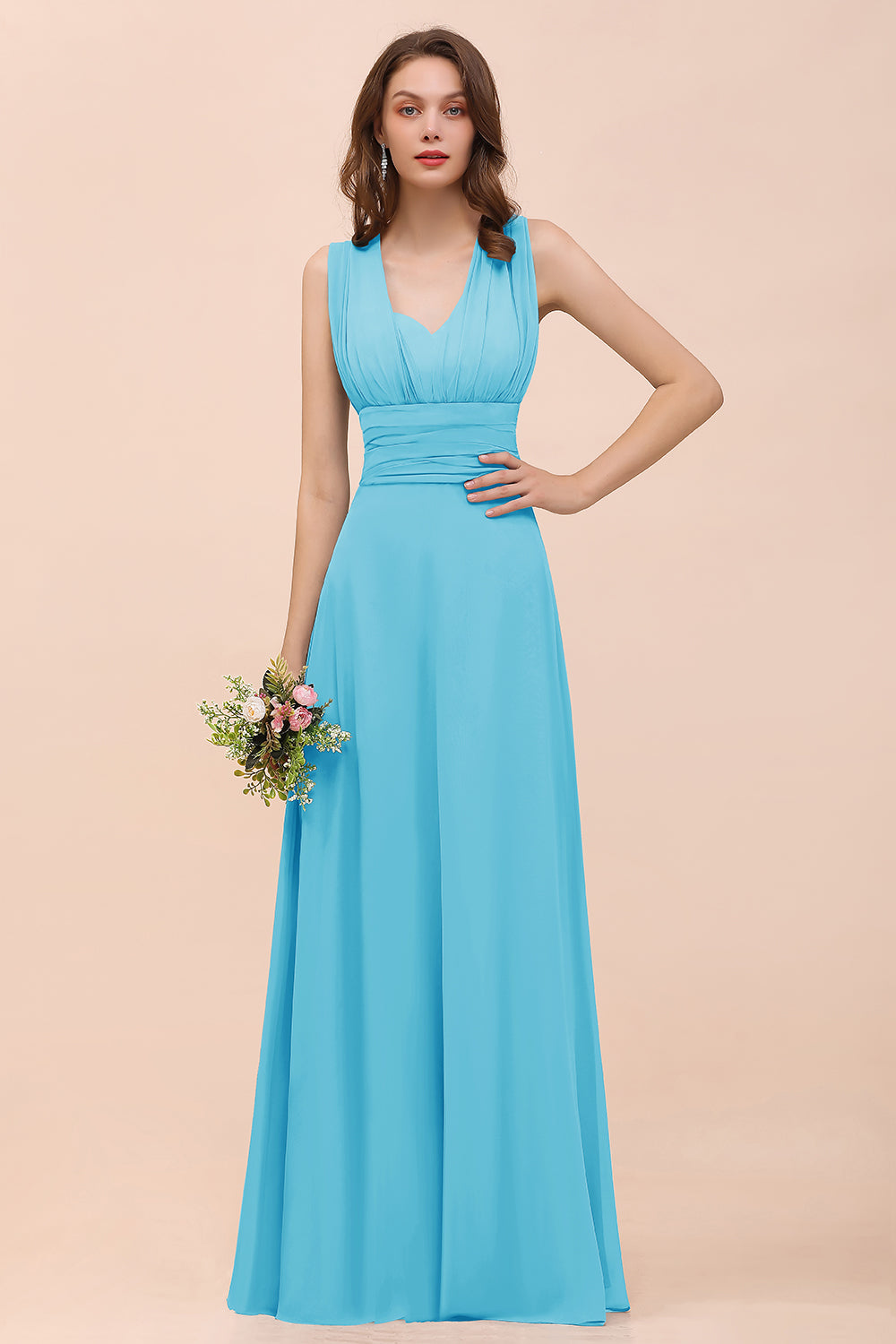 Classy A-Line Wide Straps Floor Length Chiffon Bridesmaid Dresses With Ruched