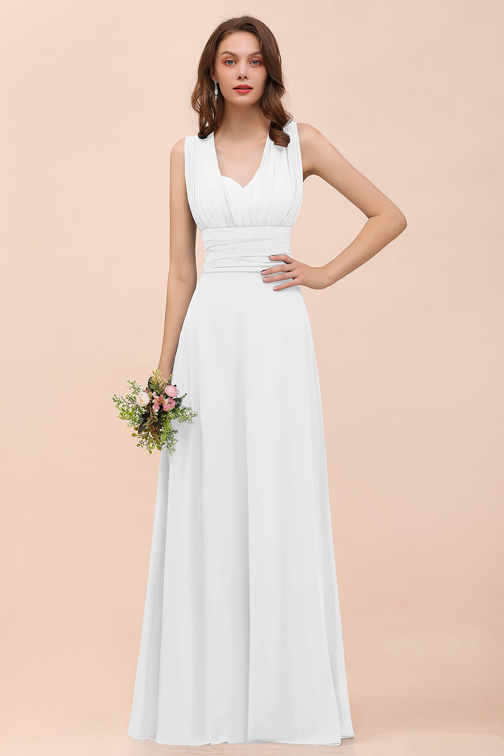 Classy A-Line Wide Straps Floor Length Chiffon Bridesmaid Dresses With Ruched