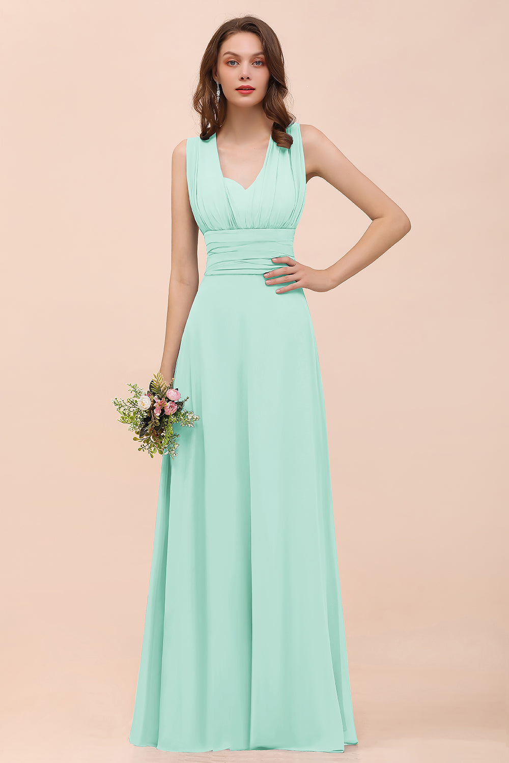 Classy A-Line Wide Straps Floor Length Chiffon Bridesmaid Dresses With Ruched