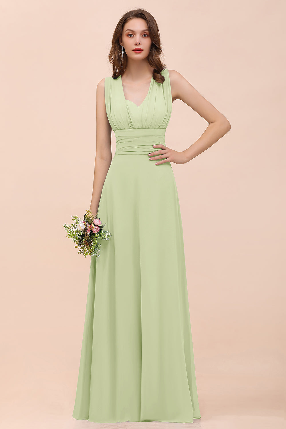 Classy A-Line Wide Straps Floor Length Chiffon Bridesmaid Dresses With Ruched